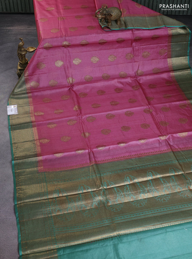 Banarasi tussar silk saree peach pink and teal green shade with thread & zari buttas and banarasi style border