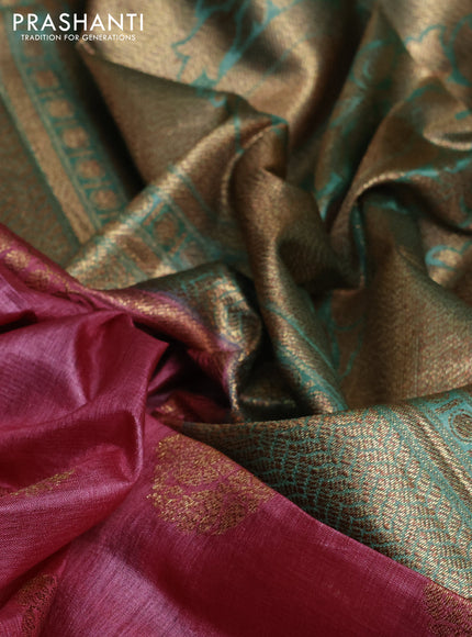Banarasi tussar silk saree peach pink and teal green shade with thread & zari buttas and banarasi style border
