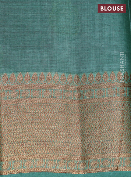Banarasi tussar silk saree peach pink and teal green shade with thread & zari buttas and banarasi style border
