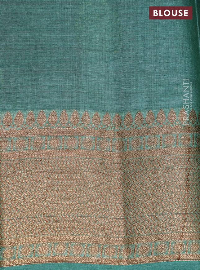 Banarasi tussar silk saree peach pink and teal green shade with thread & zari buttas and banarasi style border