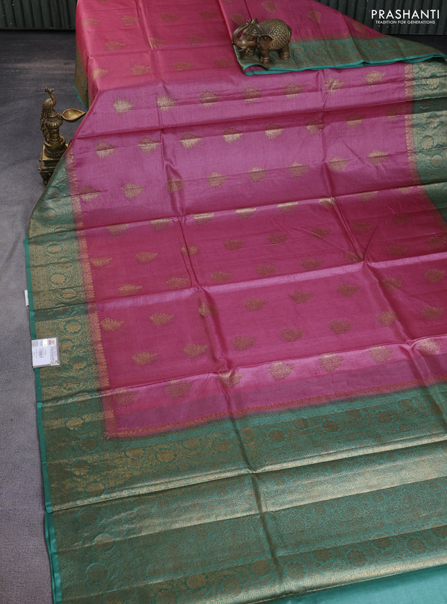 Banarasi tussar silk saree peach pink and teal green shade with thread & zari buttas and banarasi style border