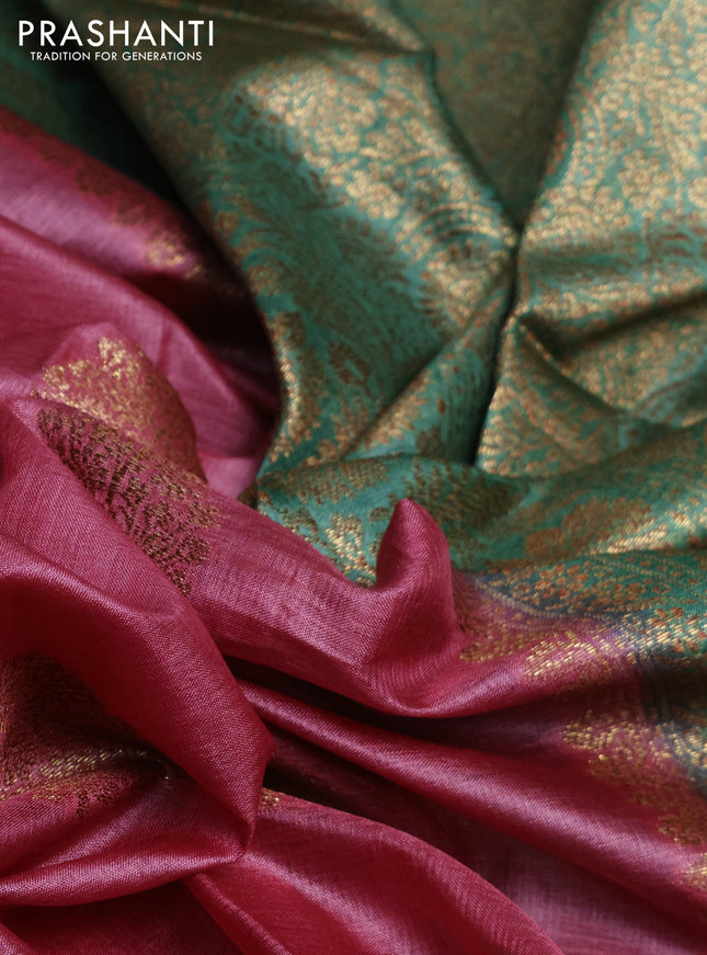 Banarasi tussar silk saree peach pink and teal green shade with thread & zari buttas and banarasi style border