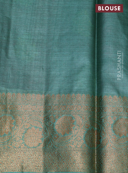 Banarasi tussar silk saree peach pink and teal green shade with thread & zari buttas and banarasi style border