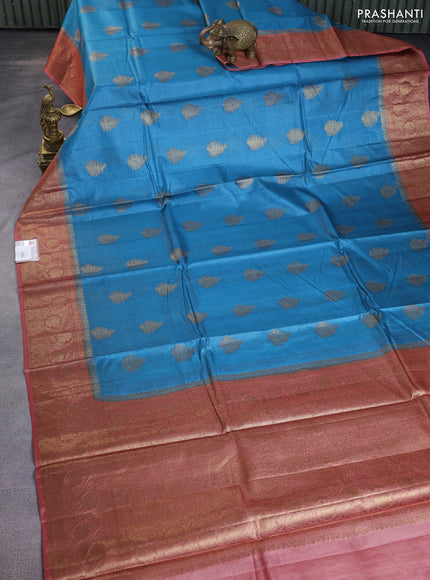 Banarasi tussar silk saree peacock blue and rust shade with thread & zari buttas and banarasi style border
