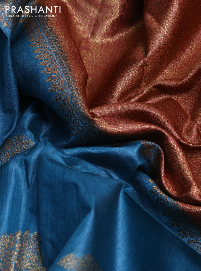 Banarasi tussar silk saree peacock blue and rust shade with thread & zari buttas and banarasi style border