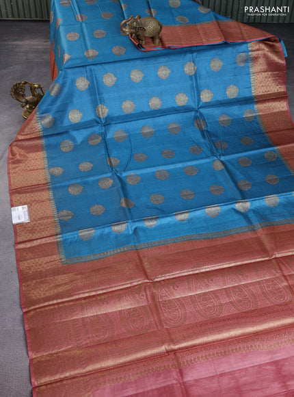 Banarasi tussar silk saree peacock blue and rust shade with thread & zari buttas and banarasi style border