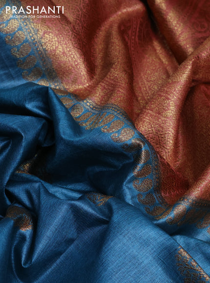 Banarasi tussar silk saree peacock blue and rust shade with thread & zari buttas and banarasi style border