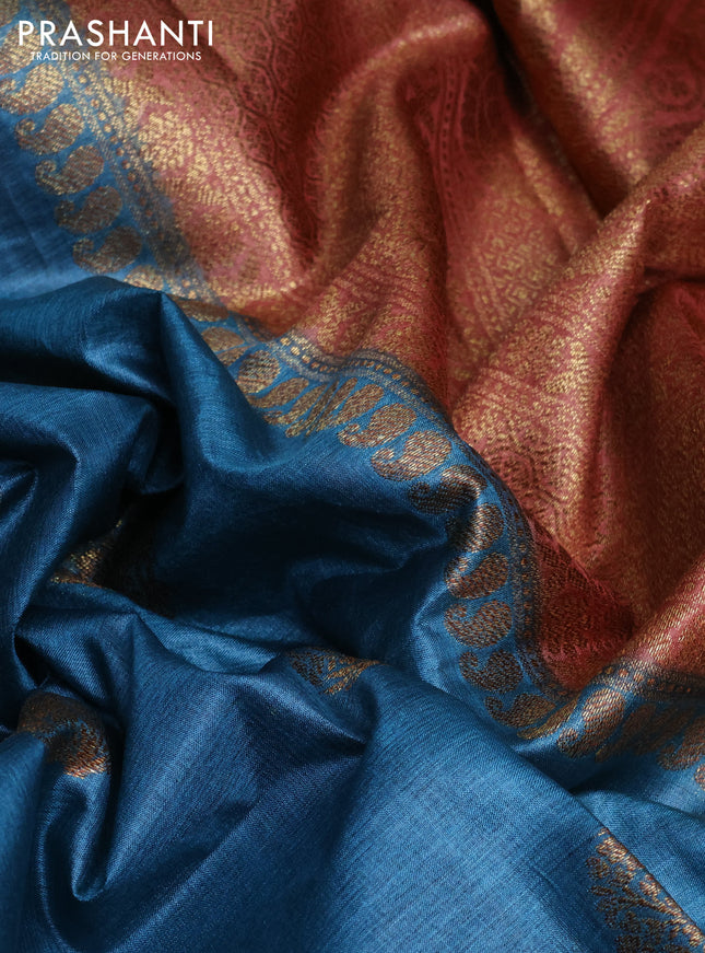 Banarasi tussar silk saree peacock blue and rust shade with thread & zari buttas and banarasi style border