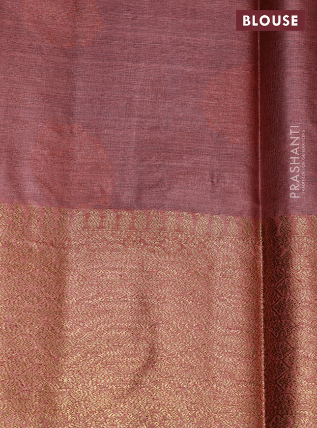 Banarasi tussar silk saree peacock blue and rust shade with thread & zari buttas and banarasi style border