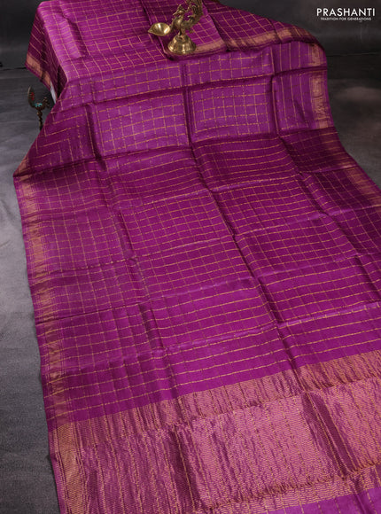 Pure tussar silk saree purple and beige with allover zari checked pattern and zari woven border