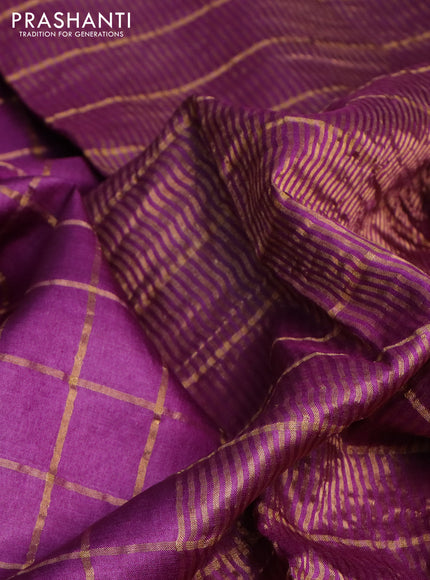 Pure tussar silk saree purple and beige with allover zari checked pattern and zari woven border