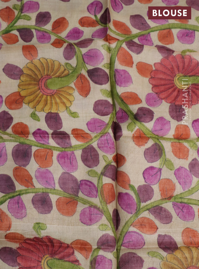 Pure tussar silk saree purple and beige with allover zari checked pattern and zari woven border