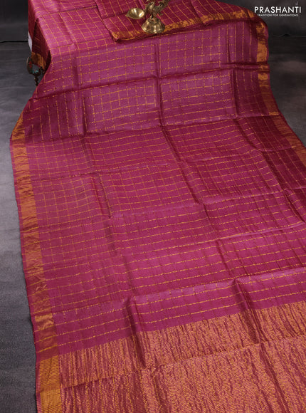 Pure tussar silk saree maroon and orange with allover zari checked pattern and zari woven border