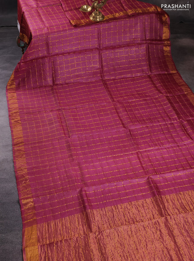 Pure tussar silk saree maroon and orange with allover zari checked pattern and zari woven border