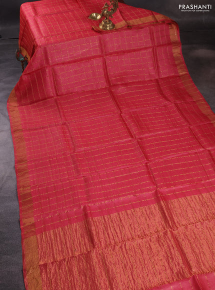 Pure tussar silk saree red and mustard yellow with allover zari checked pattern and zari woven border