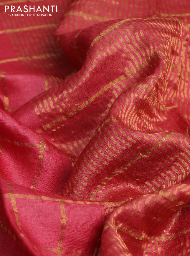 Pure tussar silk saree red and mustard yellow with allover zari checked pattern and zari woven border