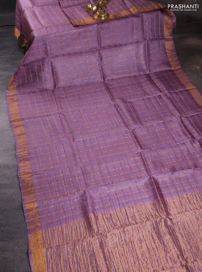Pure tussar silk saree lavender shade and cs blue with allover zari checked pattern and zari woven border