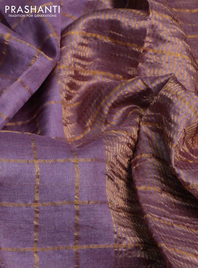 Pure tussar silk saree lavender shade and cs blue with allover zari checked pattern and zari woven border