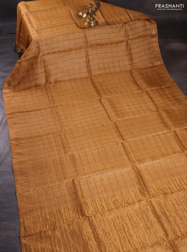 Pure tussar silk saree mustard yellow and rust shade with allover zari checked pattern and zari woven border