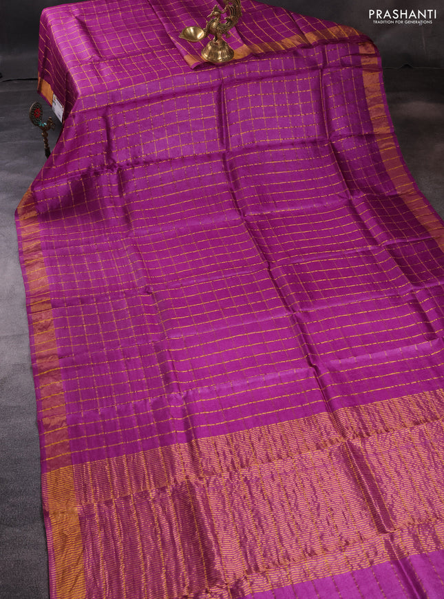 Pure tussar silk saree purple and teal blue with allover zari checked pattern and zari woven border