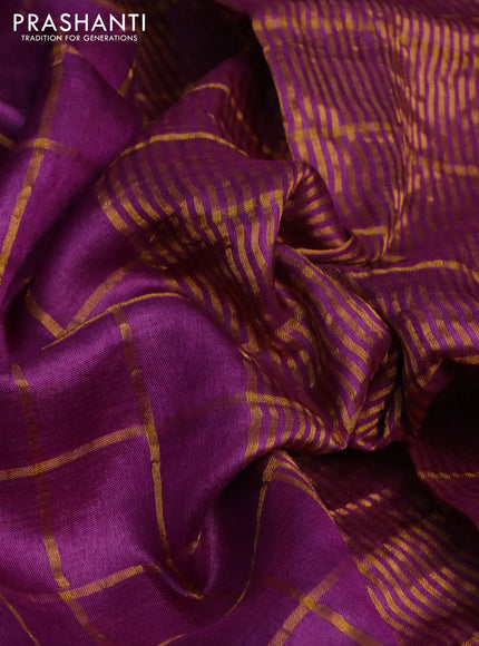 Pure tussar silk saree purple and teal blue with allover zari checked pattern and zari woven border