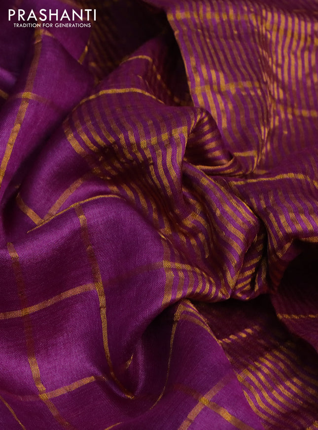 Pure tussar silk saree purple and teal blue with allover zari checked pattern and zari woven border