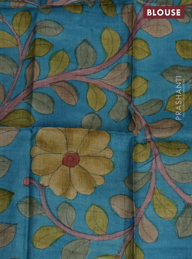 Pure tussar silk saree purple and teal blue with allover zari checked pattern and zari woven border