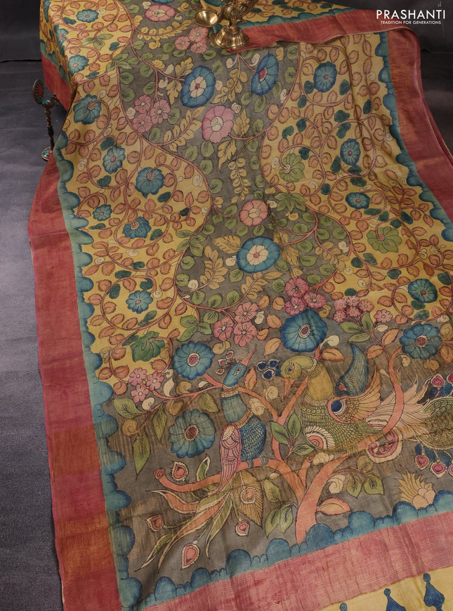 Pure tussar silk saree grey yellow and pink with allover pen kalamkari prints and zari woven border
