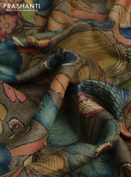 Pure tussar silk saree grey yellow and pink with allover pen kalamkari prints and zari woven border