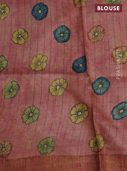 Pure tussar silk saree grey yellow and pink with allover pen kalamkari prints and zari woven border