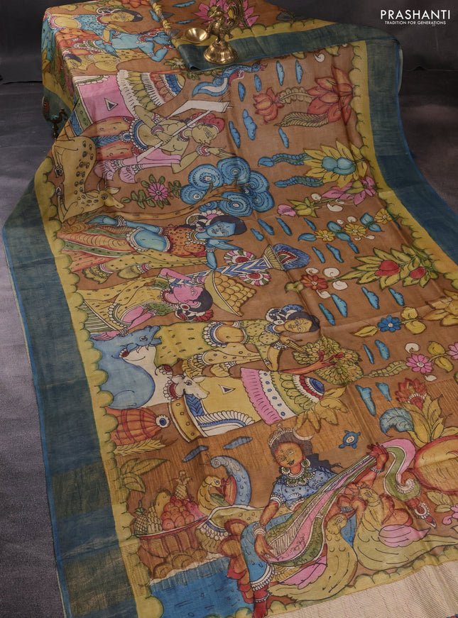 Pure tussar silk saree brown and peacock blue with allover pen kalamkari prints and zari woven border