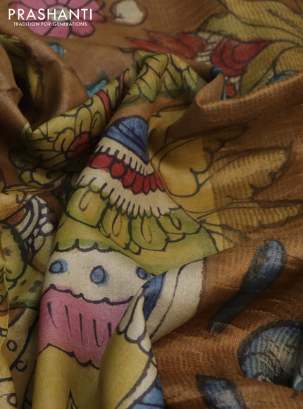 Pure tussar silk saree brown and peacock blue with allover pen kalamkari prints and zari woven border