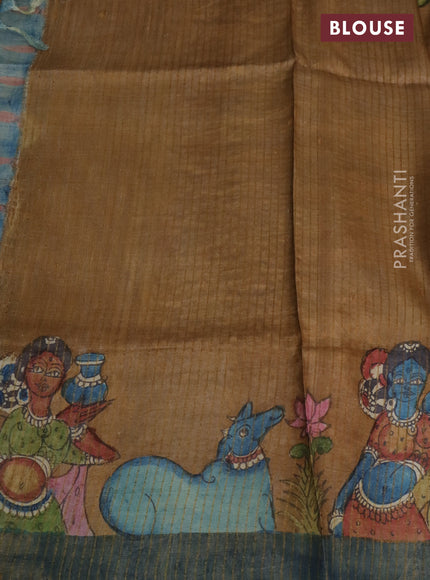 Pure tussar silk saree brown and peacock blue with allover pen kalamkari prints and zari woven border
