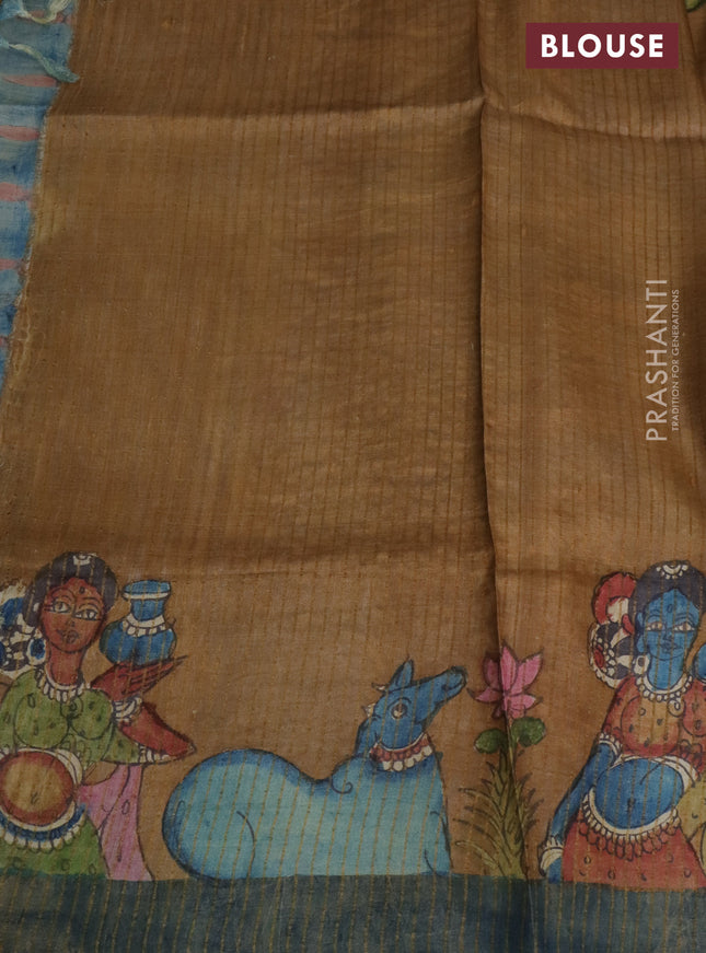 Pure tussar silk saree brown and peacock blue with allover pen kalamkari prints and zari woven border