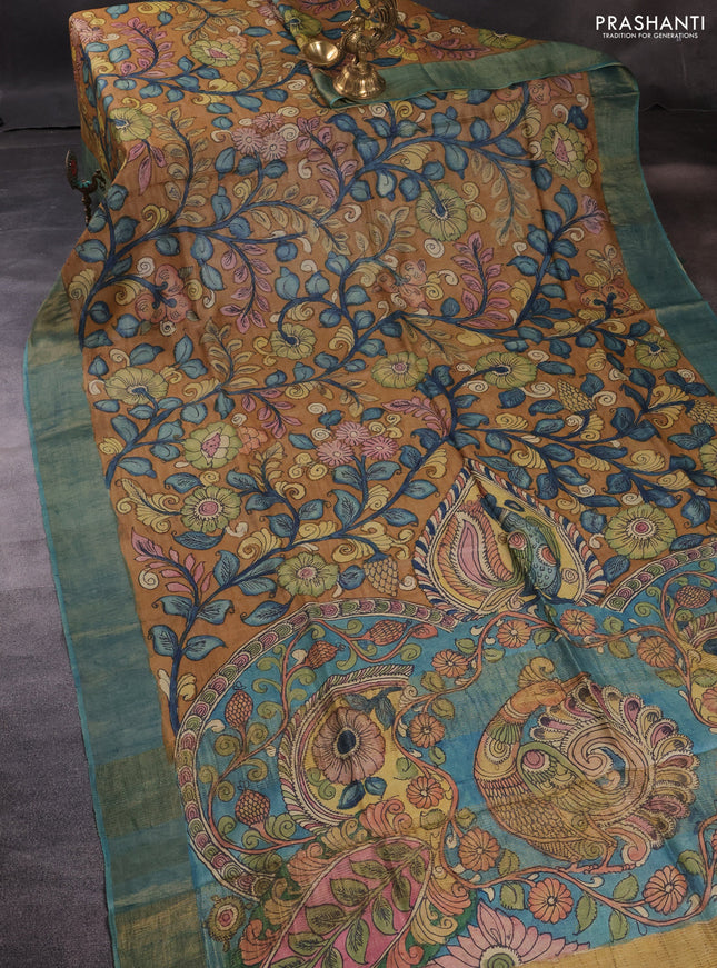 Pure tussar silk saree dark mustard and peacock blue with allover pen kalamkari prints and zari woven border