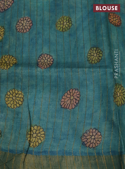 Pure tussar silk saree dark mustard and peacock blue with allover pen kalamkari prints and zari woven border
