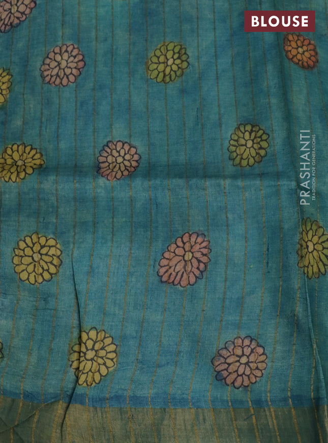 Pure tussar silk saree dark mustard and peacock blue with allover pen kalamkari prints and zari woven border