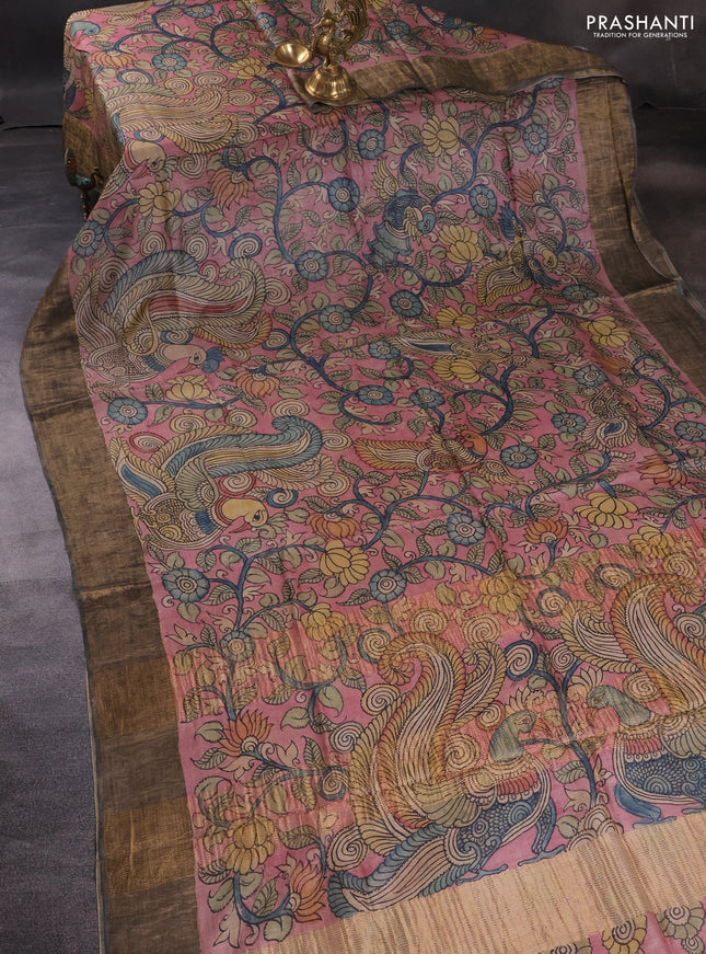 Pure tussar silk saree peach pink and grey with allover pen kalamkari prints and zari woven border