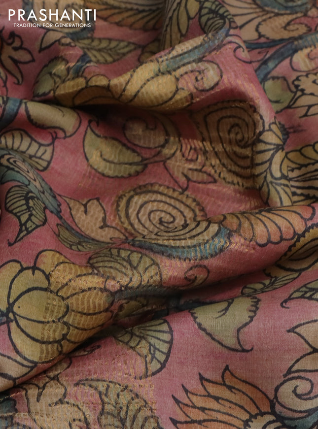Pure tussar silk saree peach pink and grey with allover pen kalamkari prints and zari woven border