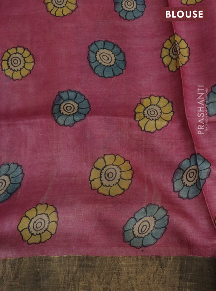 Pure tussar silk saree peach pink and grey with allover pen kalamkari prints and zari woven border