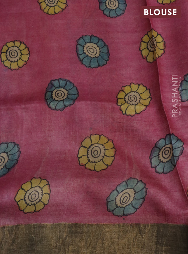 Pure tussar silk saree peach pink and grey with allover pen kalamkari prints and zari woven border
