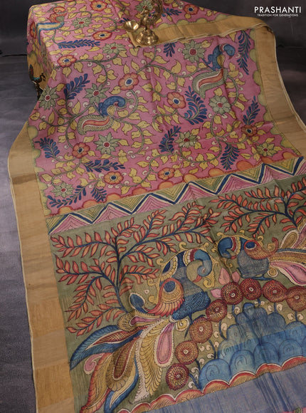 Pure tussar silk saree pastel pink and pastel green with allover pen kalamkari prints and zari woven border
