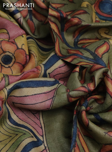 Pure tussar silk saree pastel pink and pastel green with allover pen kalamkari prints and zari woven border