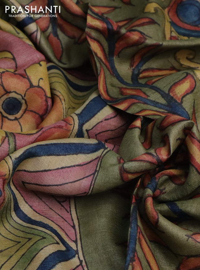 Pure tussar silk saree pastel pink and pastel green with allover pen kalamkari prints and zari woven border