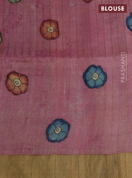 Pure tussar silk saree pastel pink and pastel green with allover pen kalamkari prints and zari woven border