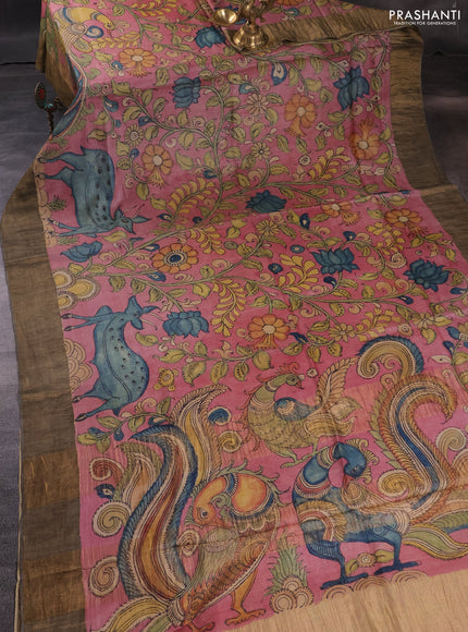 Pure tussar silk saree pink and grey with allover pen kalamkari prints and zari woven border