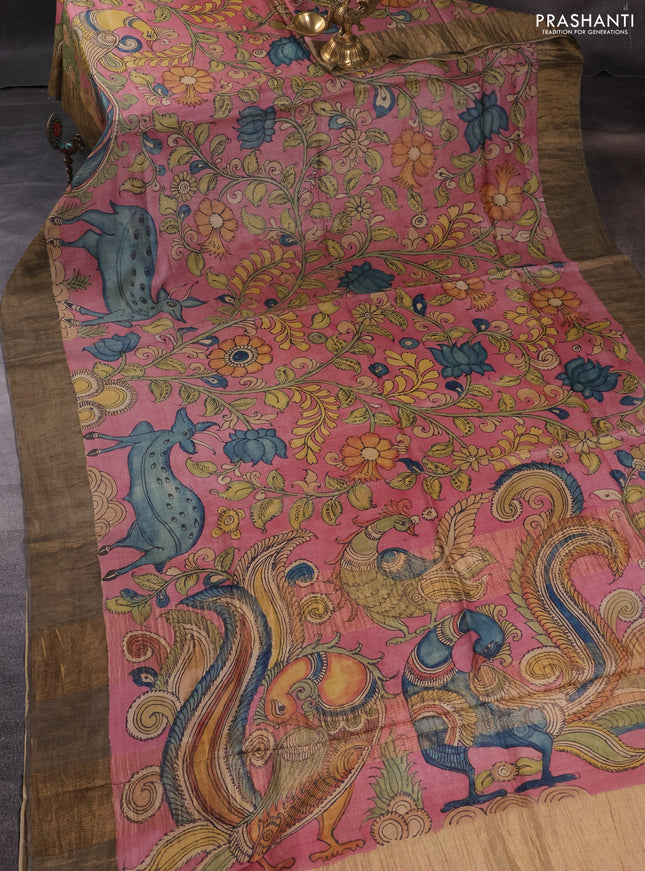 Pure tussar silk saree pink and grey with allover pen kalamkari prints and zari woven border