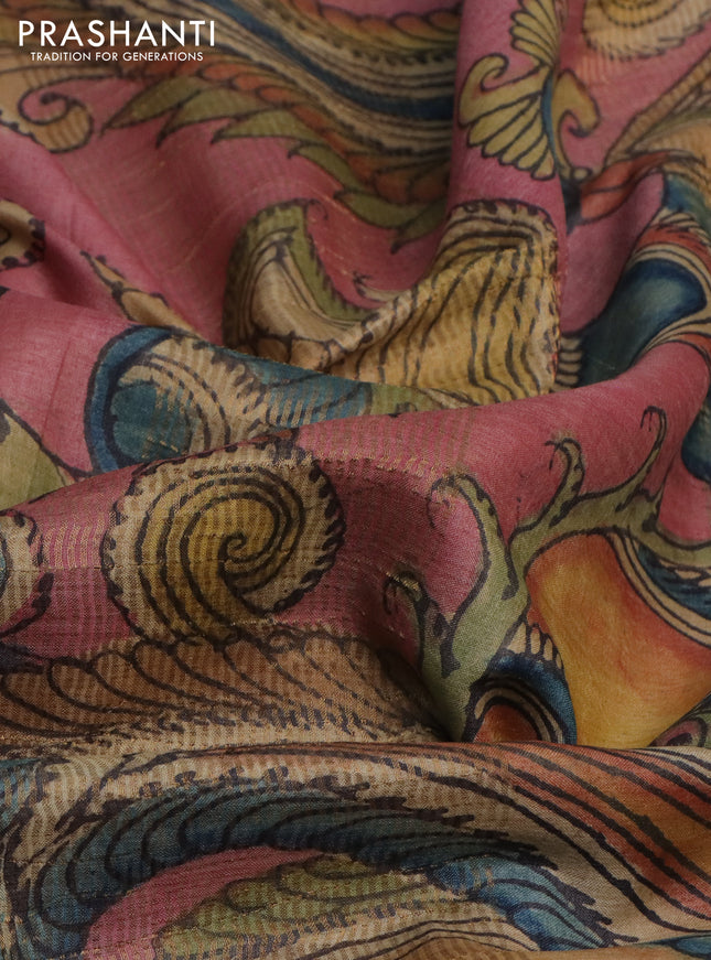 Pure tussar silk saree pink and grey with allover pen kalamkari prints and zari woven border