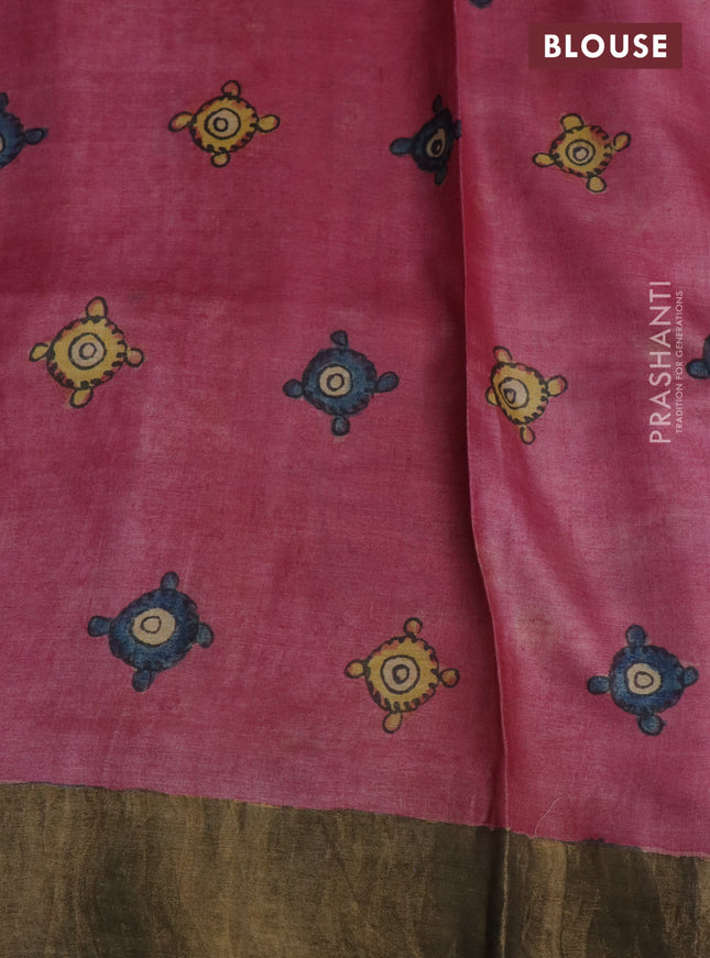 Pure tussar silk saree pink and grey with allover pen kalamkari prints and zari woven border