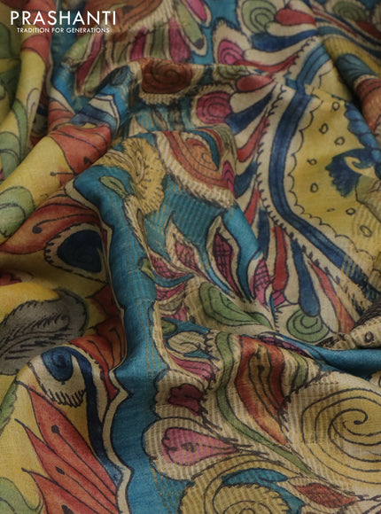 Pure tussar silk saree yellow shade and peacock blue with allover pen kalamkari prints and zari woven border